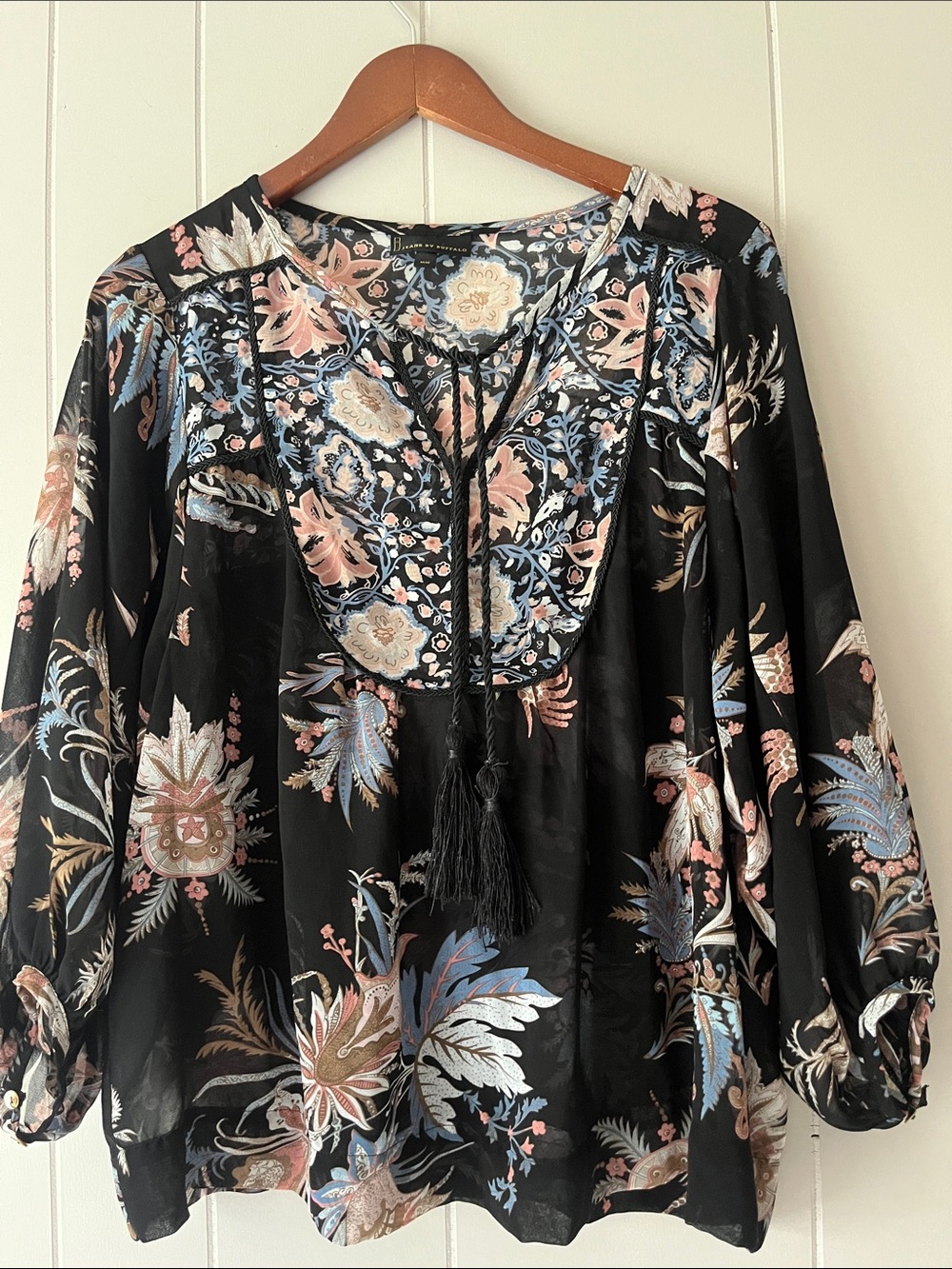 Buffalo David Bitton Black Floral Peasant Tunic with Tassel Tie